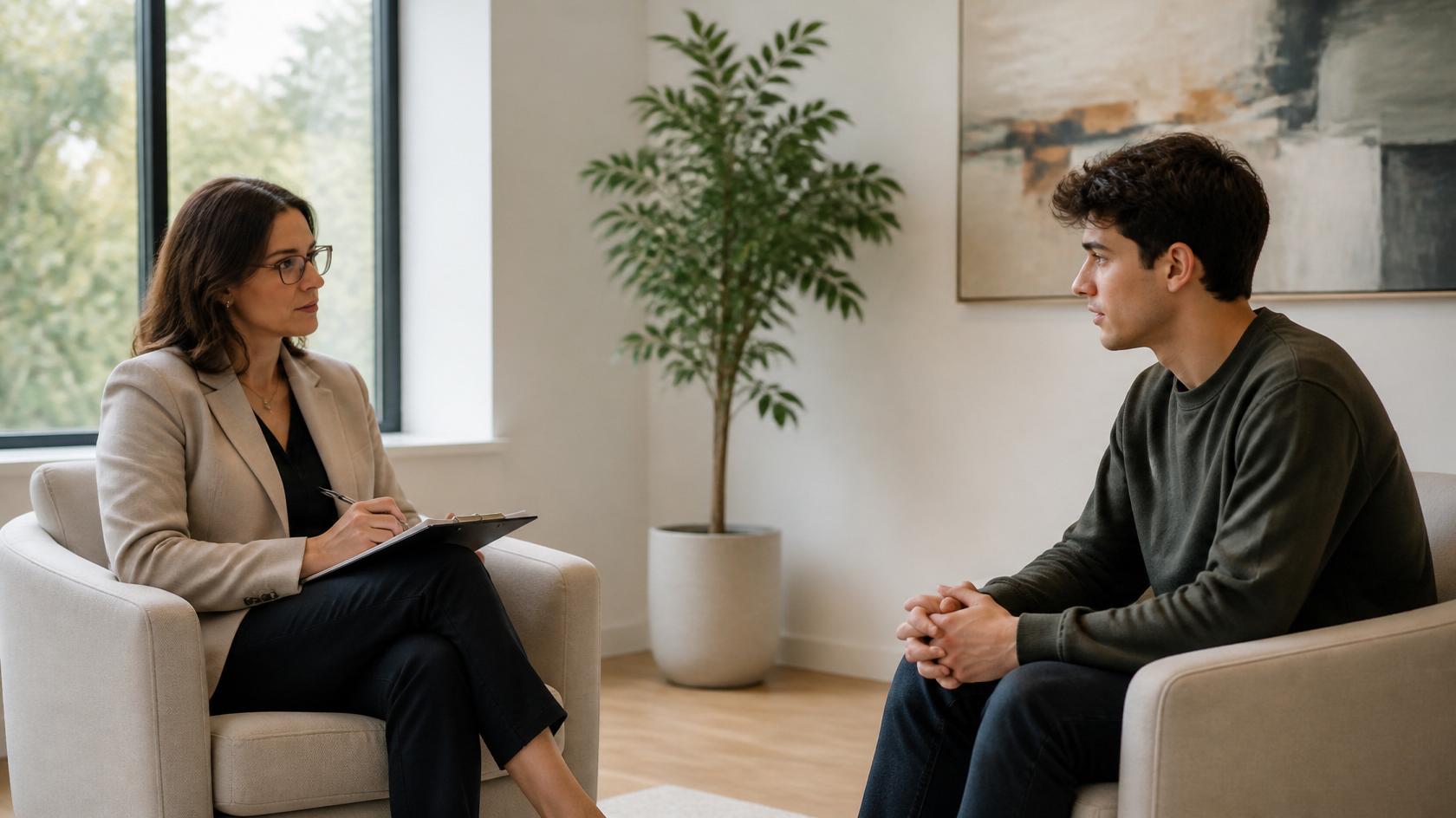 neuropsycholog-diagnoza-autyzmu Neuropsycholog trzymający notatnik, siedząca na jasnym fotelu, w jasnym pomieszczeniu. Na przeciwko siedzi nastolatek.